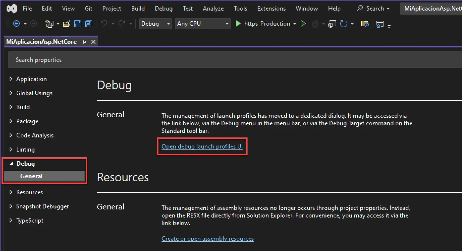 Editar el archivo launchSettings.json en Visual Studio 2022