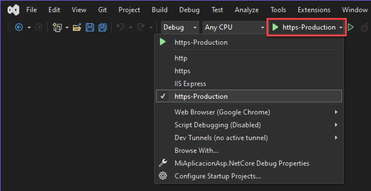 Elegir perfiles de lanzamiento en Visual Studio 2022